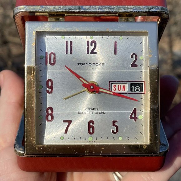 Vintage Tokyo Tokei 2 Jewels Red TESTED - Works - Alarm Folding Clock MCM RETRO - Picture 10 of 12